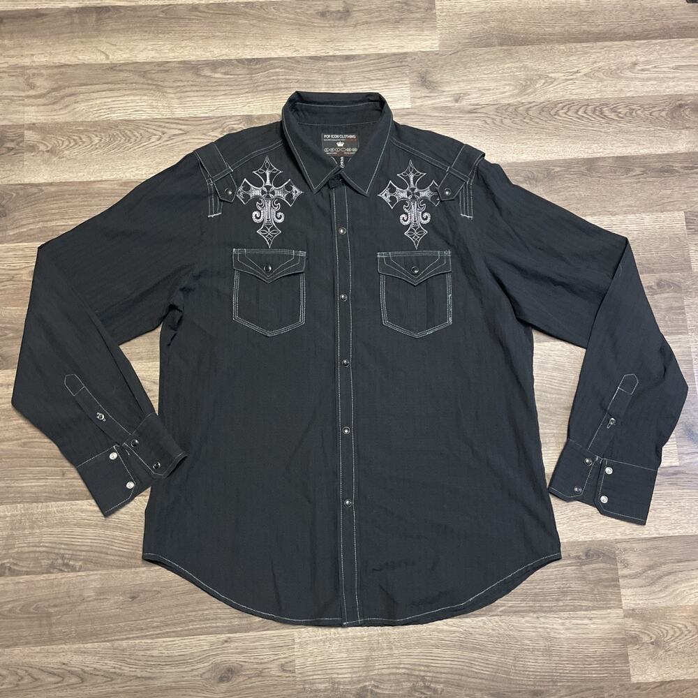 Pop Icon Men XL Black Pearl Snap Western Shirt Silver Cross Embroidery Grunge